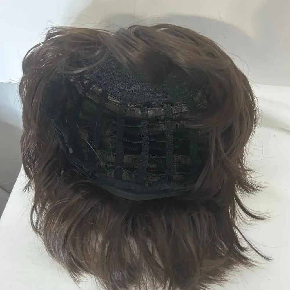 Dark Brown Short Layered Shag Wig Side Swept Bangs Feathered Flip Style male